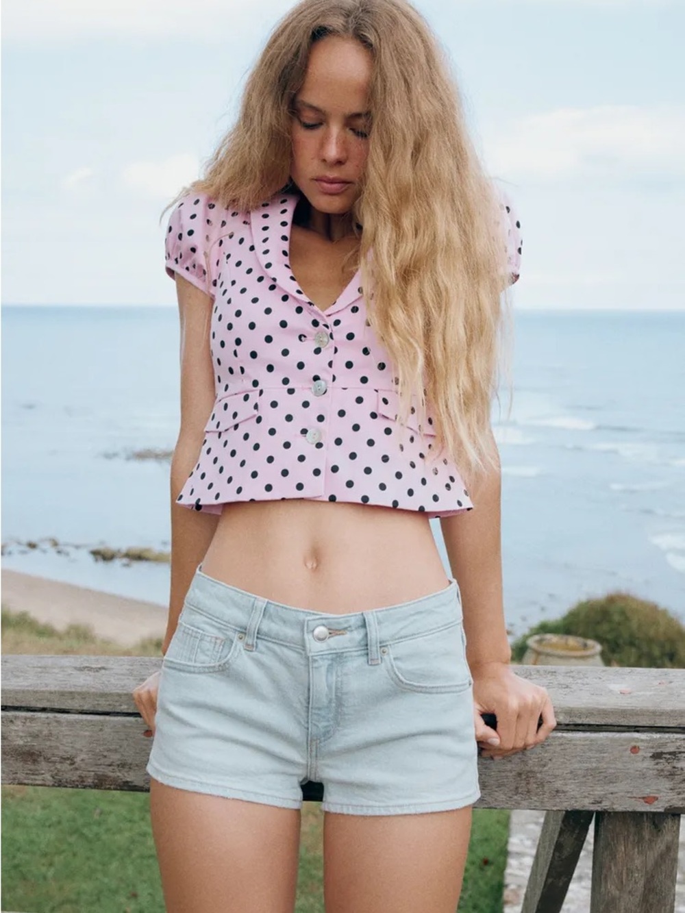 Zara Pink Polka Dot V-Neck Peplum Crop Top